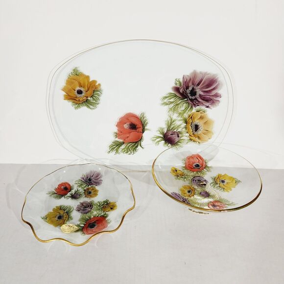 Chance Glass England Lot of 3 Anemone Floral Painted Serving Plate Pedestal Vtg - Picture 1 of 13